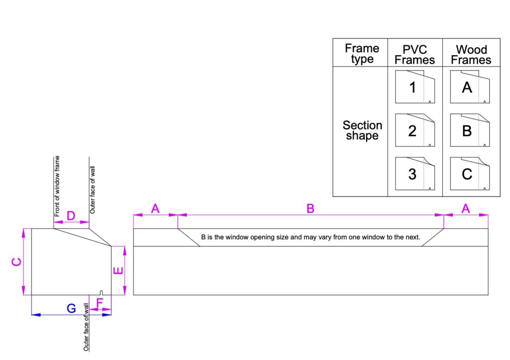 Diagram of stone window cill sizes and measurements